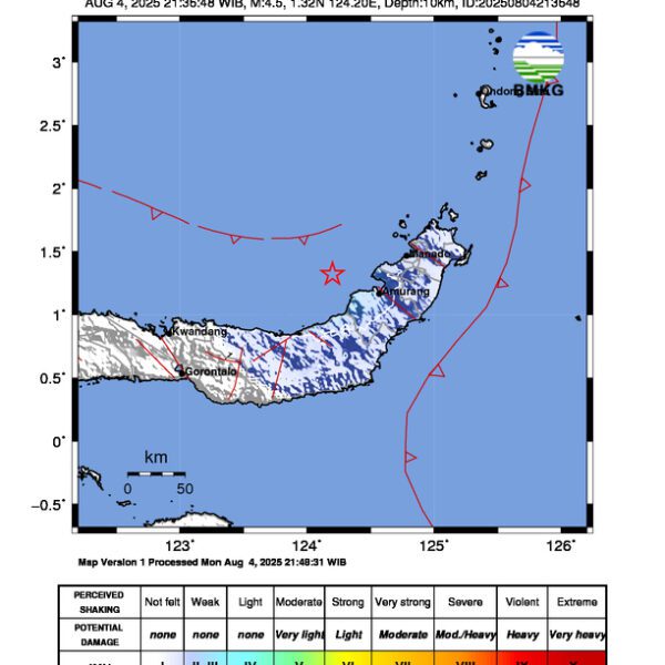 Gempa Berkekuatan 4,5 SR, pusat gempa berada di laut 45 km Barat Laut Amurang – Minahasa Selatan