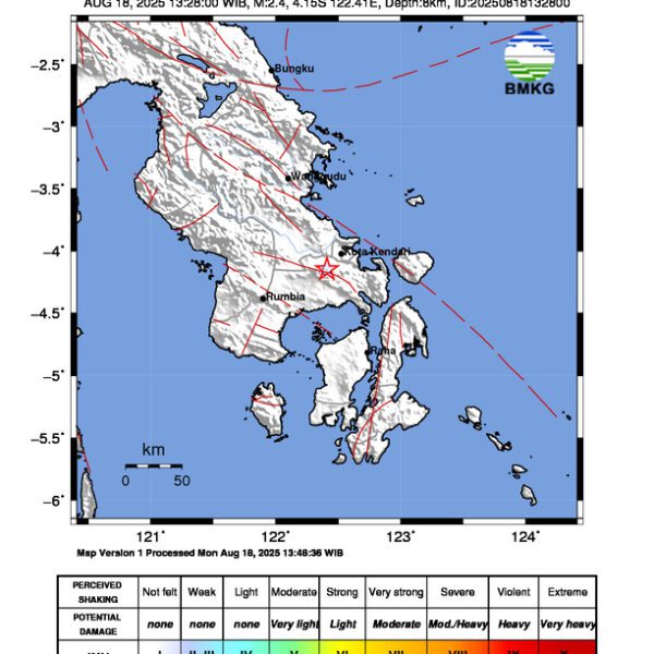 Gempa Berkekuatan 2,4 SR, pusat gempa berada di darat 3 km BaratLaut Wolasi, Konawe Selatan