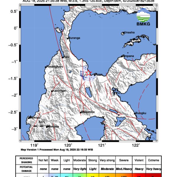 Gempa Berkekuatan 3,6 SR, pusat gempa berada di darat 18 km Barat Laut Poso