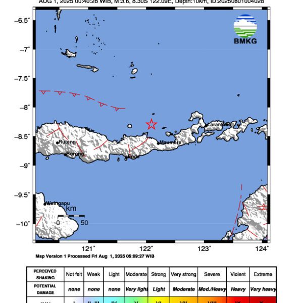 Gempa Berkekuatan 3,6 SR, pusat gempa berada di laut 38 km barat laut Maumere