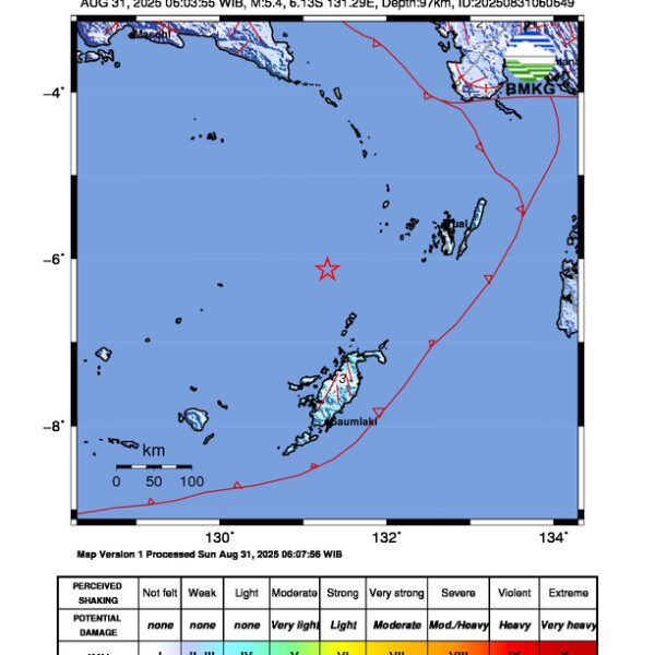 Gempa Berkekuatan 5,4 SR di 168 km BaratDaya MALUKUTENGGARA Tidak Berpotensi Tsunami