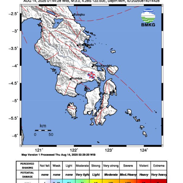 Gempa Berkekuatan 3,0 SR, pusat gempa berada di darat 2 km Tenggara Laeya, Konawe Selatan