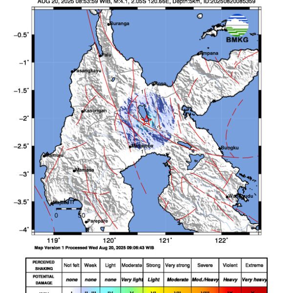 Gempa Berkekuatan 4,1 SR, pusat gempa berada di darat 4 km barat laut Pendolo Kab. Poso