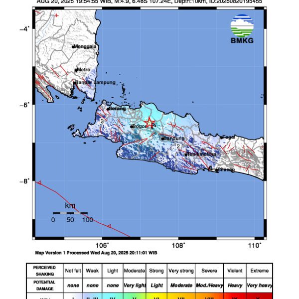 Gempa Berkekuatan 4,9 SR, pusat gempa berada di darat 14 km Tenggara Kabupaten Bekasi