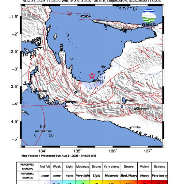 Gempa Berkekuatan 3,9 SR, pusat gempa berada di darat 21 km Barat Laut Nabire