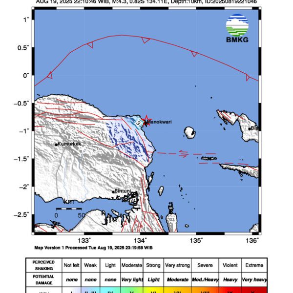 Gempa Berkekuatan 4,3 SR, pusat gempa berada di laut 11 km Timur Laut Manokwari