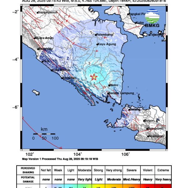Gempa Berkekuatan 5,0 SR di 22 km BaratLaut LAMPUNGUTARA Tidak Berpotensi Tsunami
