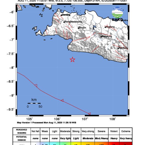 Gempa Berkekuatan 3,5 SR, pusat gempa berada di laut 81 km selatan Kab. Sukabumi
