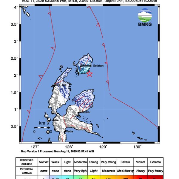 Gempa Berkekuatan 4,5 SR, pusat gempa berada di laut 34 km Tenggara Daruba