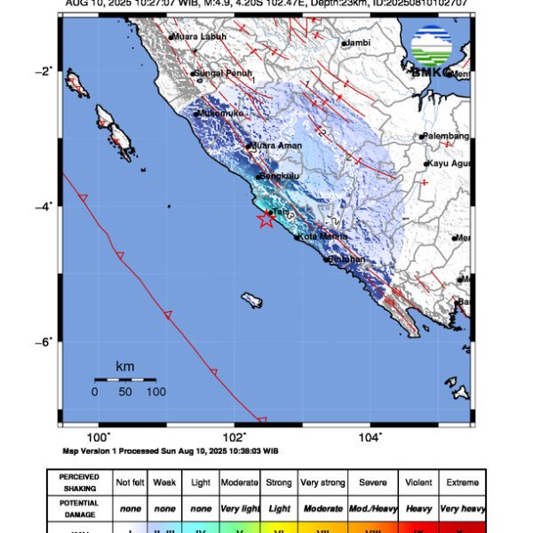 Gempa Berkekuatan 4,9 SR, pusat gempa berada di laut 18 km barat daya Seluma