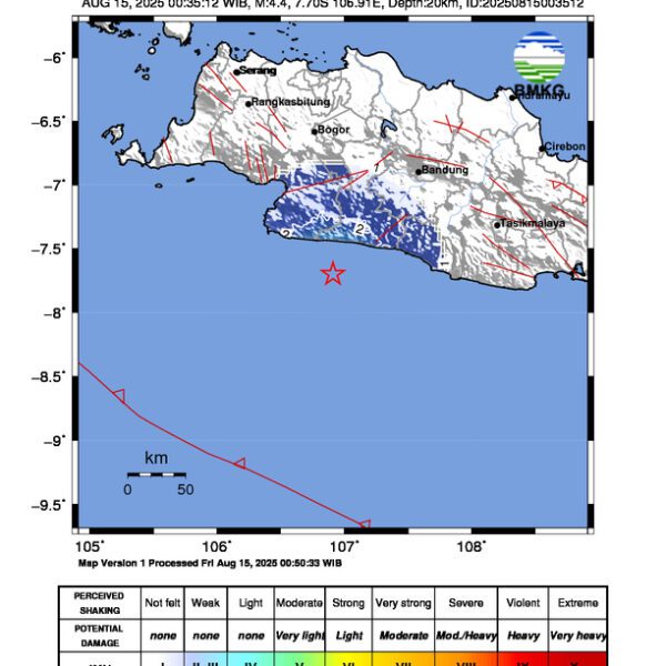 Gempa Berkekuatan 4,4 SR, pusat gempa berada di laut 87 km Barat Daya Kota Sukabumi