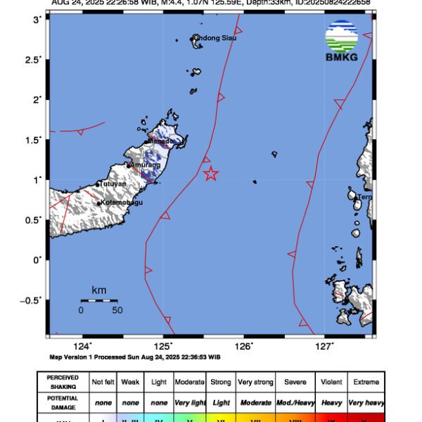Gempa Berkekuatan 4,4 SR, pusat gempa berada di laut 66 km Tenggara Bitung