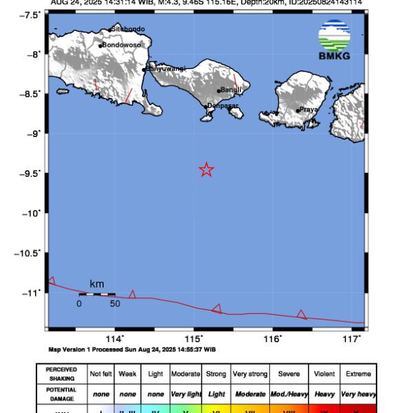 Gempa Berkekuatan 4,3 SR, pusat gempa berada di laut 74 km baratdaya Kuta Selatan