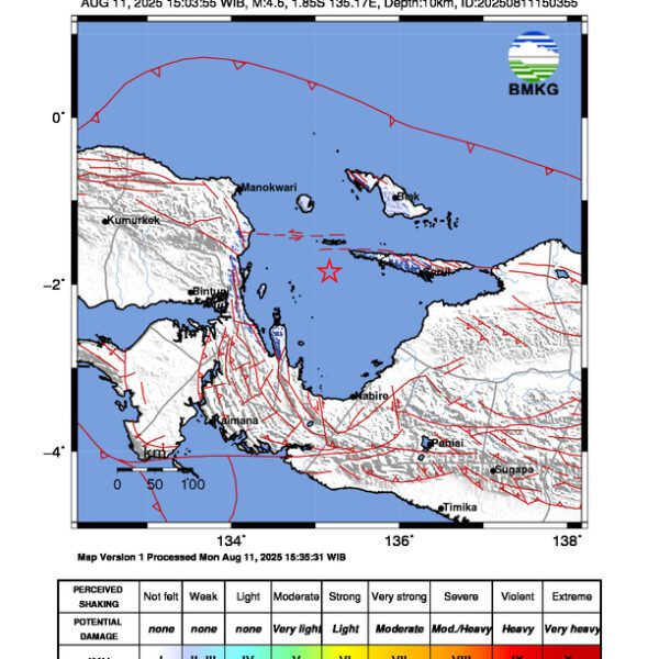 Gempa Berkekuatan 4,6 SR, pusat gempa berada di laut 105 km tenggara Pulau Numfor