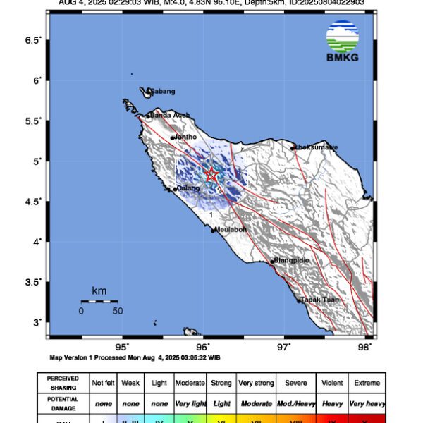 Gempa Berkekuatan 4,0 SR, pusat gempa berada di darat 26 Km Barat Daya Pidie Jaya