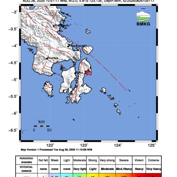 Gempa Berkekuatan 2,0 SR, pusat gempa berada di laut 5 km barat daya Kulisusu, Buton Utara