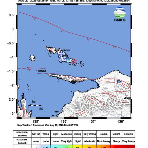 Gempa Berkekuatan 4,2 SR, pusat gempa berada di laut 29 km timur laut Biak