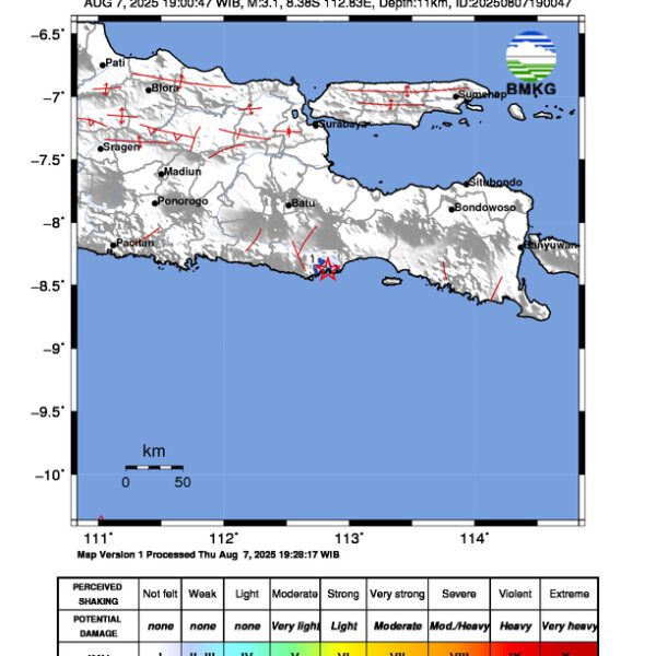 Gempa Berkekuatan 3,1 SR, pusat gempa berada di darat laut 39 km tenggara kab. Malang
