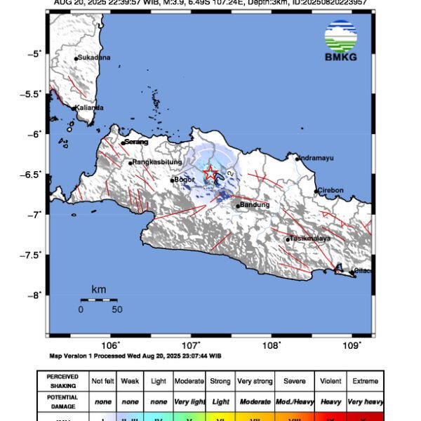 Gempa Berkekuatan 3,9 SR, pusat gempa berada di darat 15 Km Tenggara Kab.Bekasi