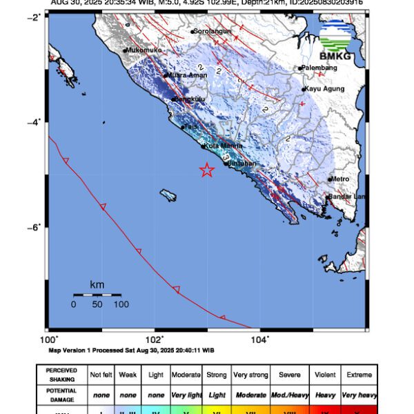 Gempa Berkekuatan 5,0 SR di 42 km BaratDaya KAUR-BENGKULU Tidak Berpotensi Tsunami