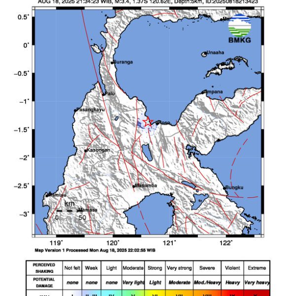 Gempa Berkekuatan 3,4 SR, pusat gempa berada di darat 15 km Barat Laut Poso