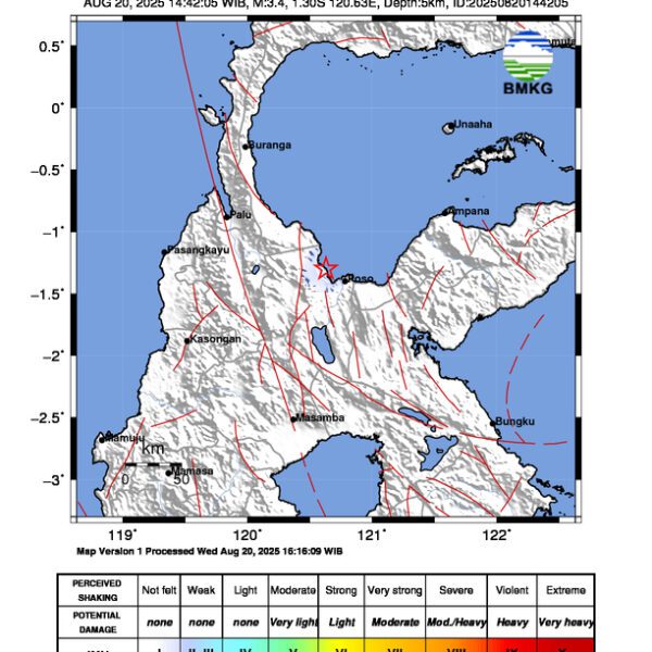 Gempa Berkekuatan 3,4 SR, pusat gempa berada di laut 17 km baratlaut Poso