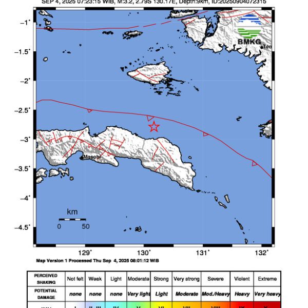 Gempa Berkekuatan 3,2 SR, pusat gempa berada di laut 39 km timurlaut Kobisonta, Maluku Tengah