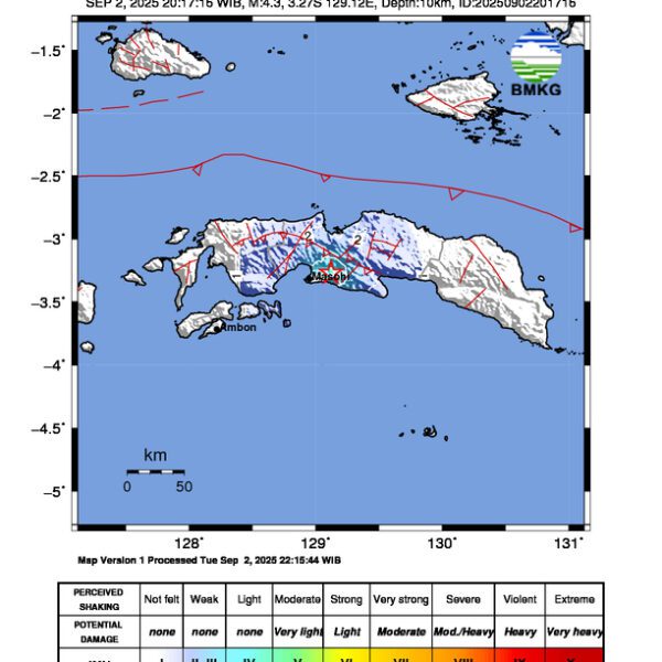 Gempa Berkekuatan 4,3 SR, pusat gempa berada di darat 23 km timur Masohi, Maluku Tengah