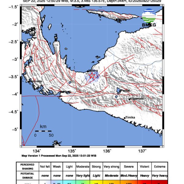 Gempa Berkekuatan 3,5 SR, pusat gempa berada di darat 16 km Tenggara Nabire