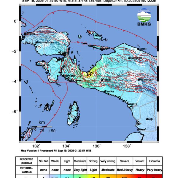 Gempa Berkekuatan 6,6 SR di 29 km BaratLaut NABIRE-PAPUATENGAH Tidak Berpotensi Tsunami