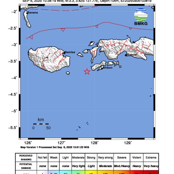 Gempa Berkekuatan 3,3 SR, pusat gempa berada di laut 48 km barat Ambon