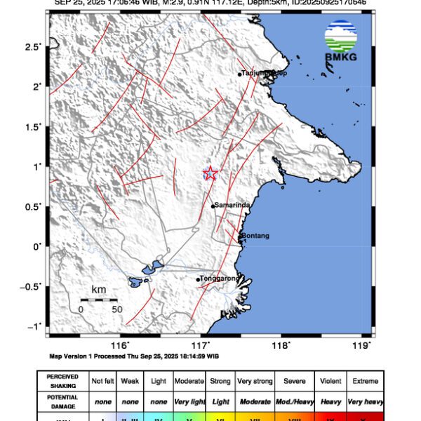 Gempa Berkekuatan 2,9 SR, pusat gempa berada di darat 15 km tenggara Kutai Timur