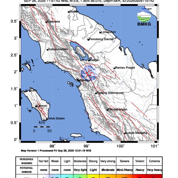 Gempa Berkekuatan 3,6 SR, pusat gempa berada di darat 13 km Tenggara Tapanuli Utara