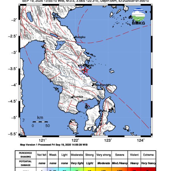 Gempa Berkekuatan 3,5 SR, pusat gempa berada di darat 5 km tenggara Konawe Utara