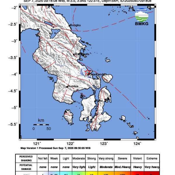 Gempa Berkekuatan 3,5 SR, pusat gempa berada di darat 1 km Barat daya Mandonga, Kota Kendari