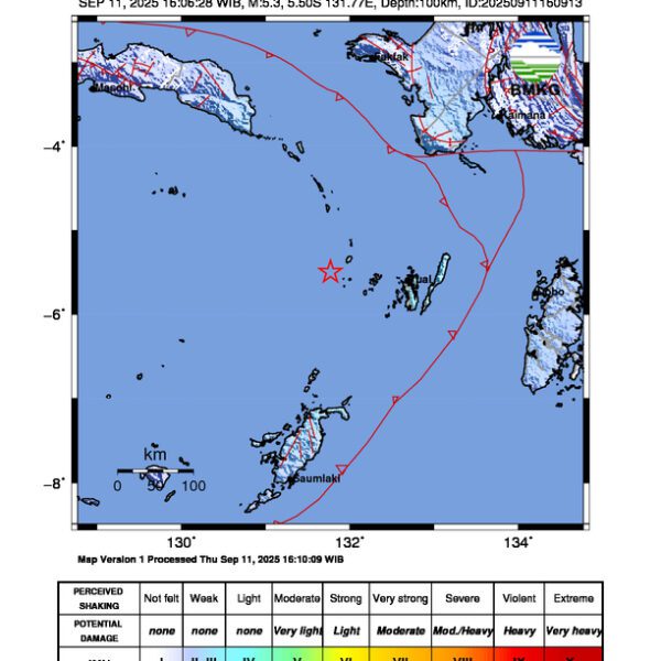 Gempa Berkekuatan 5,3 SR di 108 km BaratLaut MALUKUTENGGARA Tidak Berpotensi Tsunami