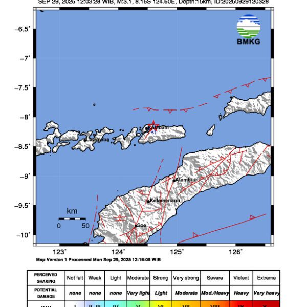 Gempa Berkekuatan 3,1 SR, pusat gempa berada di darat 15 km timur laut Alor