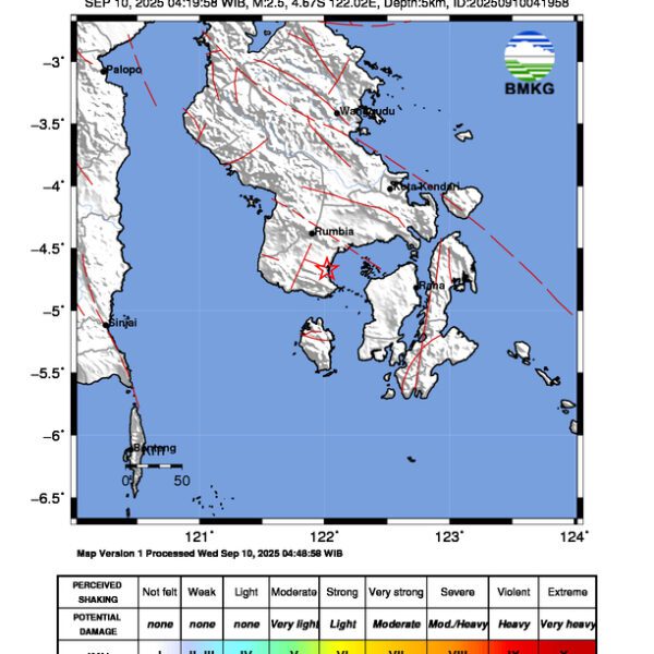 Gempa Berkekuatan 2,5 SR, pusat gempa berada di darat 1 km Tenggara Rorowatu Utara, Bombana