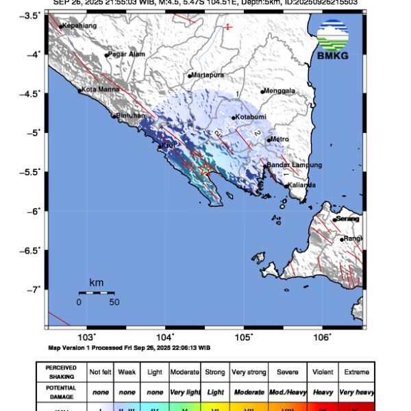 Gempa Berkekuatan 4,5 SR, pusat gempa berada di darat 19 km barat laut Tanggamus