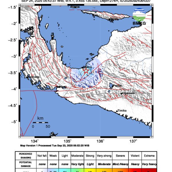 Gempa Berkekuatan 4,1 SR, pusat gempa berada di darat 11 km tenggara Nabire