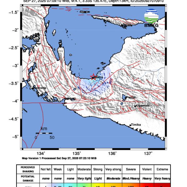 Gempa Berkekuatan 4,1 SR, pusat gempa berada di darat 5 Km BaratLaut Nabire