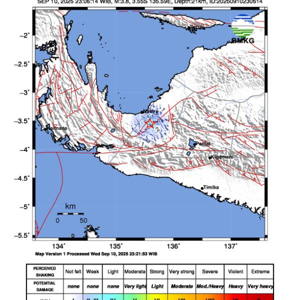 Gempa Berkekuatan 3,8 SR, pusat gempa berada di darat 23 km Tenggara Nabire