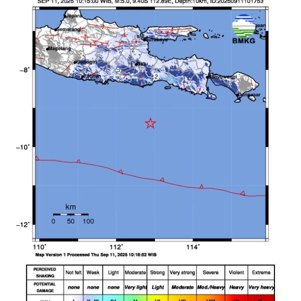 Gempa Berkekuatan 5,0 SR di 144 km Tenggara KAB-MALANG-JATIM Tidak Berpotensi Tsunami