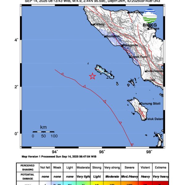 Gempa Berkekuatan 4,9 SR, pusat gempa berada di laut 86 km barat daya Sinabang