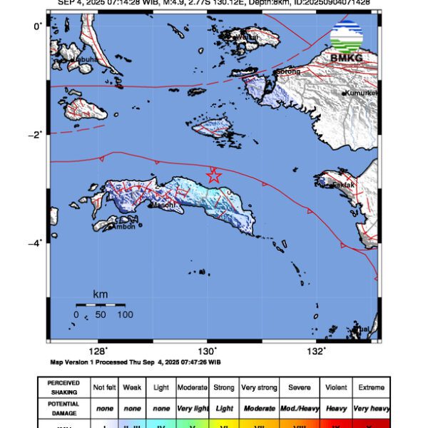 Gempa Berkekuatan 4,9 SR, pusat gempa berada di laut 36 km timurlaut Kobisonta, Maluku Tengah