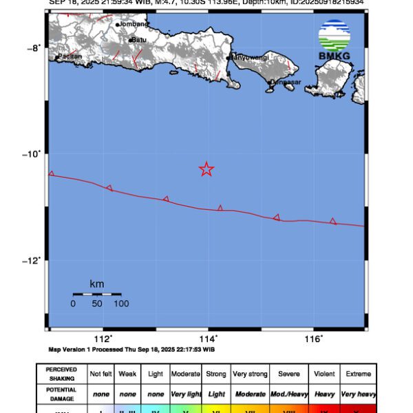Gempa Berkekuatan 4,7 SR, pusat gempa berada di laut 218 Km barat daya Kuta Selatan