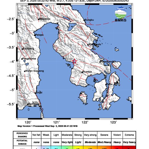 Gempa Berkekuatan 2,7 SR, pusat gempa berada di darat 2 km baratdaya Kolaka