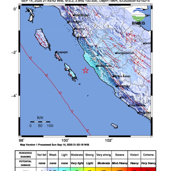 Gempa Berkekuatan 5,2 SR di 35 km BaratDaya MUKOMUKO-BENGKULU Tidak Berpotensi Tsunami