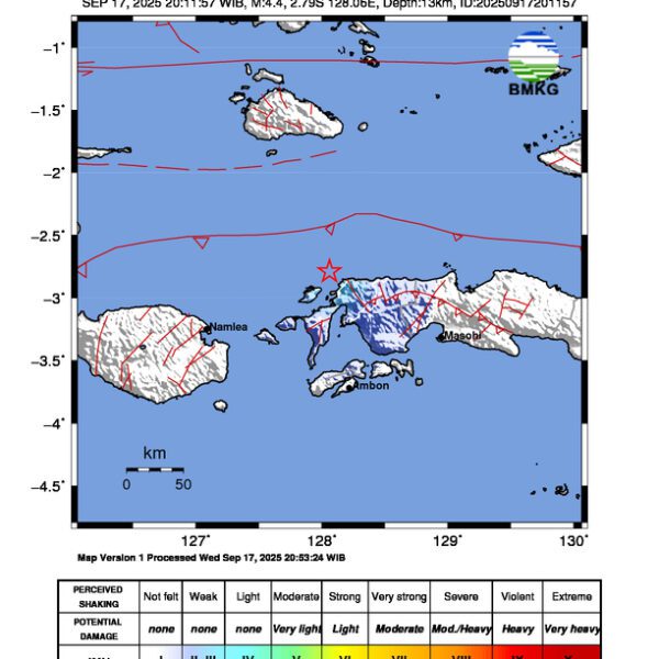 Gempa Berkekuatan 4,4 SR, pusat gempa berada di laut 42 km Utara Huamual Belakang-Seram Bagian Barat