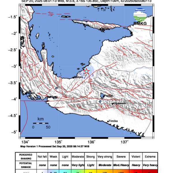 Gempa Berkekuatan 3,6 SR, pusat gempa berada di darat 44 km timur laut Nabire
